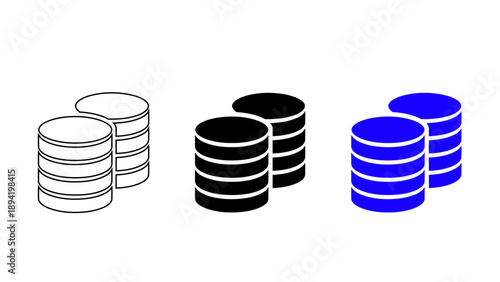 Database  coin icon  with stacked data storage server cylinders in outline, solid, and color styles