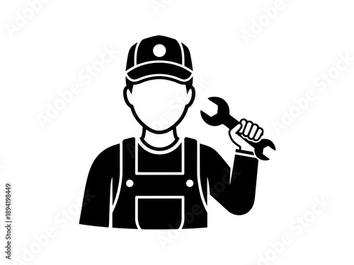 A silhouette but stylish vector Icon of a male mechanic or repairman wearing a cap and overalls holding a wrench