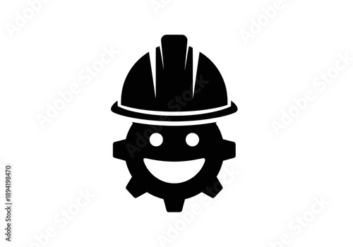 A very simple construction worker gear mascot icon with hard hat and smiling face simple black and white vector graphic