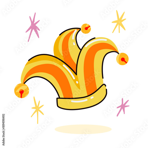 Jester hat, vector art. April Fools Day. Festive jester hat decorated with stars, isolated on white background. Symbol of April Fools’ Day, suitable for holiday designs, banners, posters,greeting card