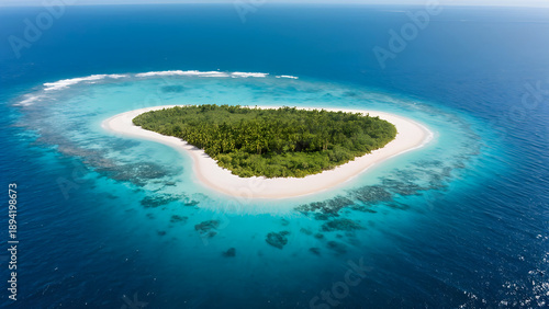 A small island with palm trees and white sand in the middle of clear ocean waters.