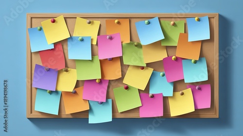 Colorful sticky notes on a bulletin board in an office setting showing various reminders and notes during the workday