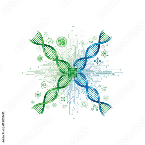 Genetic engineering concept with DNA helix and circuit board elements in blue and green.