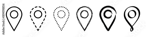 Set of six black location pin icons in various hand-drawn and graphic styles, including sketched, dotted, dashed, and brush stroke for navigation concepts