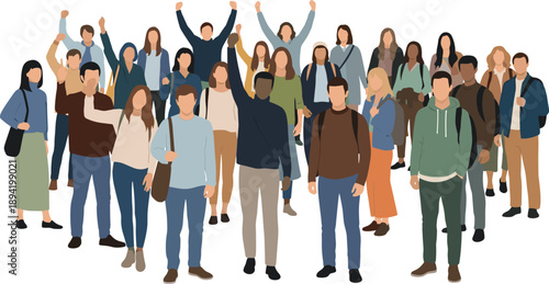 Large group of diverse people standing together and raising hands, community unity and social participation concept, teamwork and support, public gathering and inclusion theme, flat vector