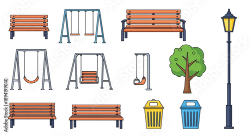 Park elements including benches swings a lamp post and a trash can