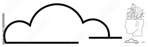 Abstract cloud next to head with growing flowers. Ideal for creativity, innovation, imagination, mindfulness, growth, mental health, minimalism. Represents a simple flat metaphor