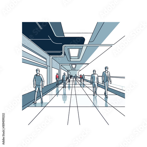 People walk through a futuristic indoor corridor with sleek architecture and modern design elements.