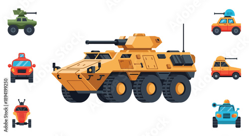 Cartoon illustration depicting various military and civilian vehicles