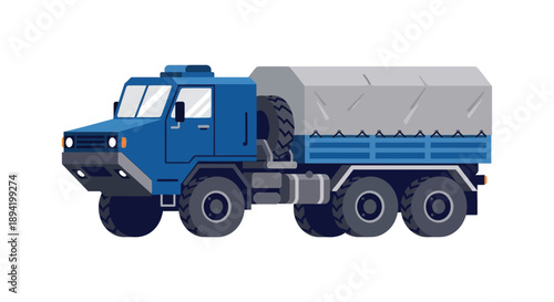 Illustration of a blue military truck with a covered cargo bed