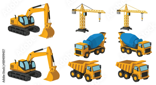 Construction vehicles including excavators cranes dump trucks and a concrete mixer