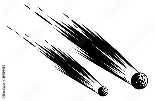 Hand drawn line art comet set featuring two falling celestial objects with motion trails for space themed designs