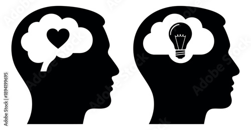 Abstract silhouette icon set featuring a heart and a lightbulb in thought bubbles for emotional intelligence and creative thinking