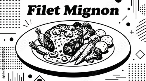 filet mignon steak topped with mushroom sauce and paired with green vegetables monochrome vector illustration, ideal for fine dining promotions 