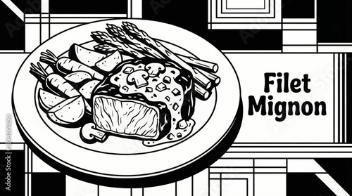 filet mignon steak topped with mushroom sauce and paired with green vegetables monochrome vector illustration, ideal for fine dining promotions 