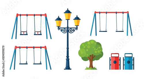 Playground elements including swings a lamp post tree and park benches