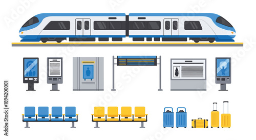 Modern high speed train with station elements and passenger amenities illustrated