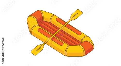 Illustration of a yellow and orange inflatable raft with two paddles