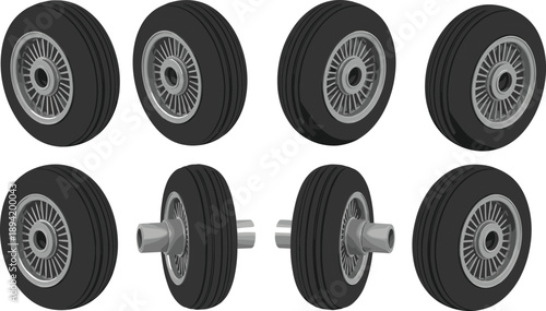 Aircraft landing gear wheels set, airplane tire components, aviation mechanical parts, realistic vector illustration collection for aerospace engineering design projects