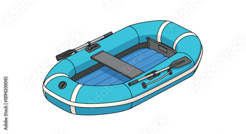 Isometric illustration of a light blue inflatable boat with oars