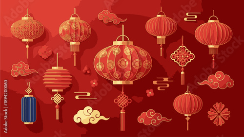Collection of traditional Chinese red lanterns and decorative elements on a red background with golden accents.