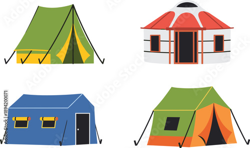 Camping tents and yurt vector illustration set, outdoor shelter, travel accommodation, adventure tourism, hiking, festival, nature lodging design
