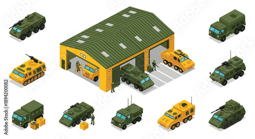 Isometric military base with vehicles and hangar infrastructure