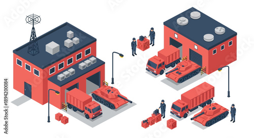Isometric illustration of a military base with vehicles and personnel