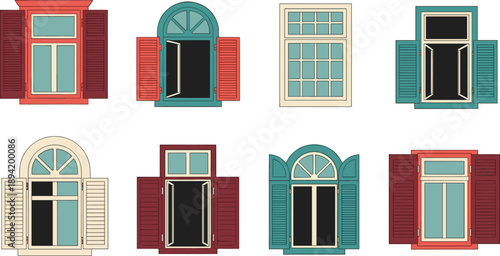 Colorful window frames set with shutters, vintage home facade elements, flat vector illustration collection for architecture and interior design projects