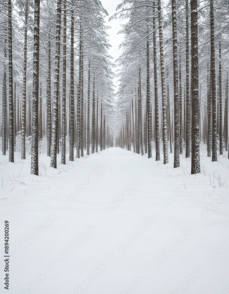 Fototapeta premium Snowy Pine Trees in a Serene Landscape