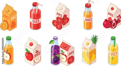 Fruit juice bottles and cartons set, colorful fresh drink packaging, flat vector illustration collection for beverage, healthy lifestyle and food design