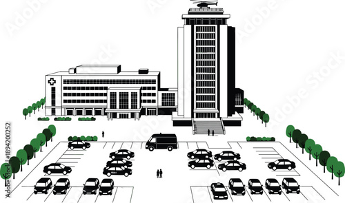 Hospital building exterior with parking lot, medical center architecture, black and white vector illustration for healthcare, urban infrastructure and emergency design