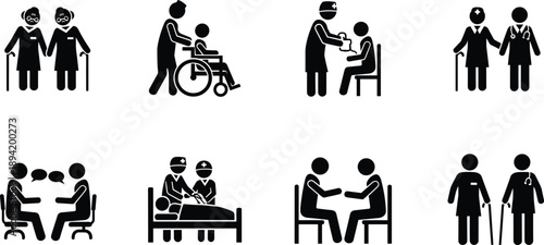 Healthcare and elderly care vector icons set, nurses, doctors, patients, disability support, medical assistance, hospital services illustration design
