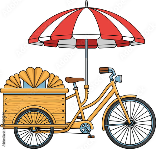 Ice cream tricycle cart illustration, street food bicycle with umbrella, vintage dessert vendor, summer snack, mobile shop vector design