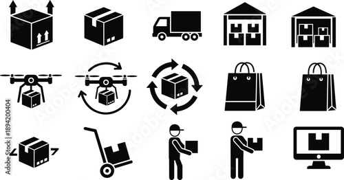 Logistics and delivery vector icons set, shipping, warehouse, drone, courier, packaging, supply chain management, ecommerce distribution, transport illustration