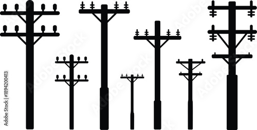 A collection of black silhouette utility poles of varying heights and designs on a white background