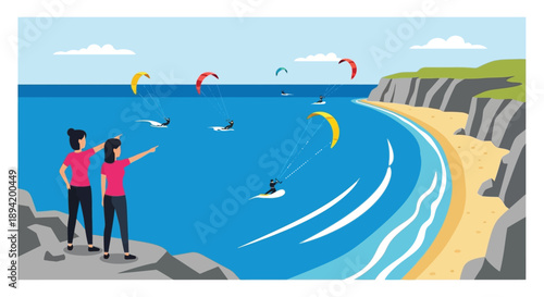 Two women observe kitesurfers and windsurfers on a bright sunny beach