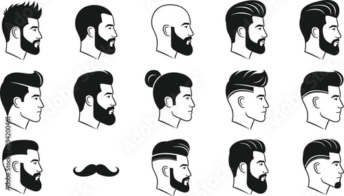 Men hairstyle and beard icons set, modern barber haircut styles, black vector illustration collection for grooming, fashion and beauty design