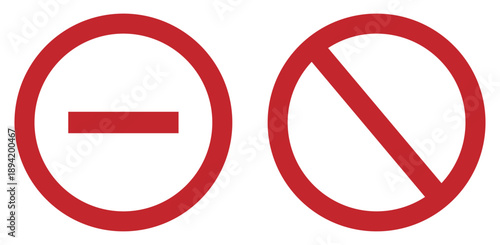 prohibition and minus icons vector set, red no symbol and remove sign isolated on white background, warning restriction ui illustration