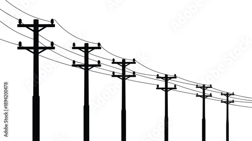 A diagonal line of black silhouette utility poles with wires against a white background Keywords: utility pole, power pole, electricity pole, telephone pole, infrastructure, electricity