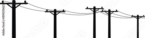 A row of black silhouette utility poles with electrical wires stretching across a white background