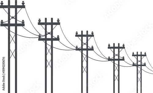 A line of dark grey silhouette utility poles with electrical wires against a white background electricity