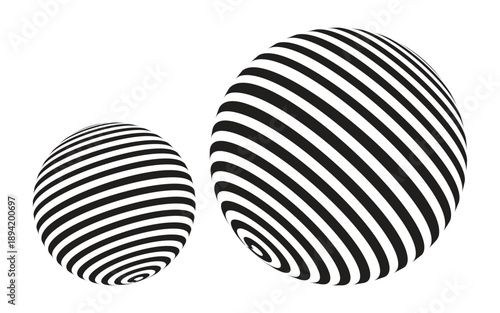 Minimalist Monochromatic Composition Of Two Three Dimensional Spheres With Warped Striped Patterns Creating A Striking Optical Illusion Of Depth And Volume.