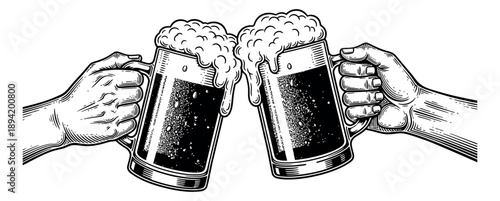 Hand drawn illustration of two beer mugs depicting a toast for celebration