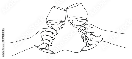 Continuous line art illustration of two hands toasting with wine glasses depicting a celebration for a festive event