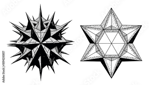 Hand drawn line art geometric forms set featuring spiky abstract shapes and a faceted star for decorative design