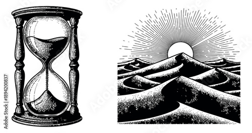 Hand drawn line art set featuring an hourglass and a desert sunrise for time and travel concepts