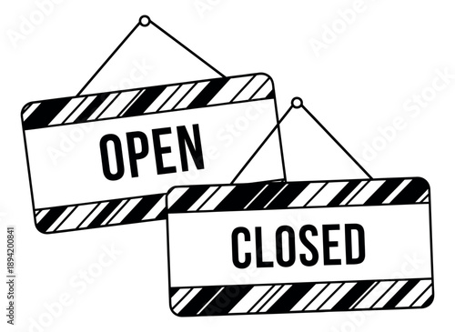 Hand drawn line art signs set featuring open and closed messages for business status indication