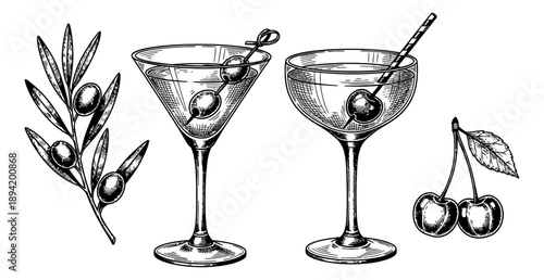 Hand drawn line art cocktail and garnish set featuring martini and coupe glasses with olive branch and cherries for bar menu design