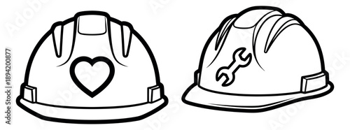 Hand drawn line art hard hat set featuring a heart and a wrench symbol for construction and safety concepts